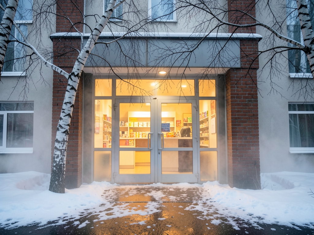 snow dusted pharmacy entrance gray February morning glass doors