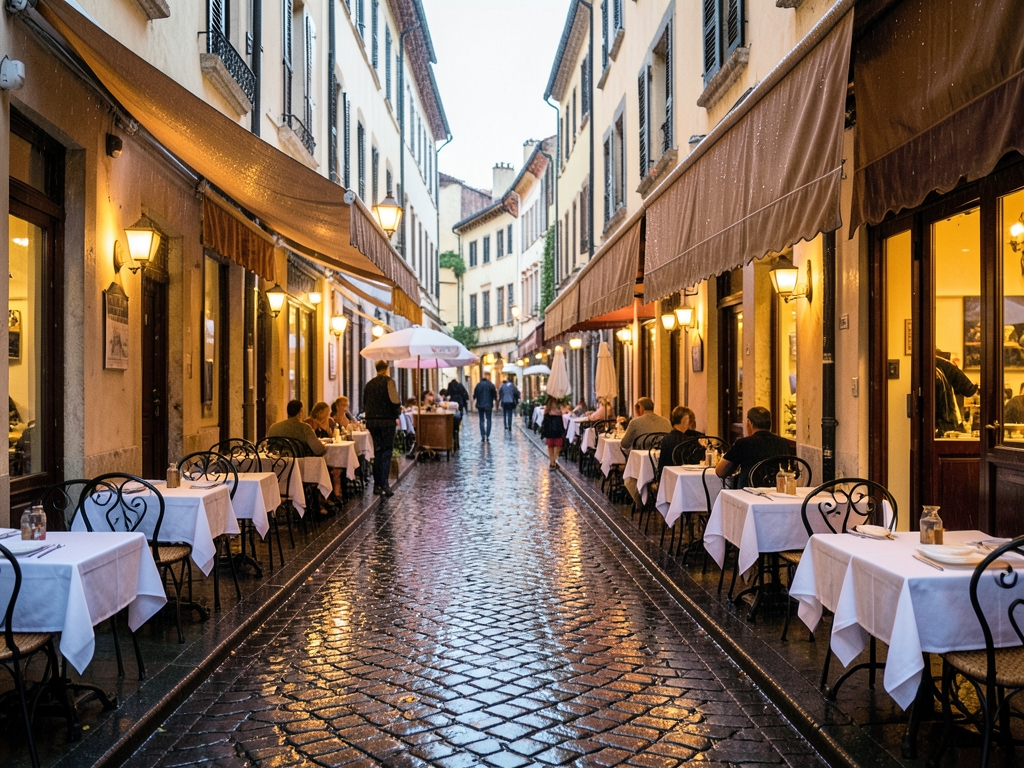 Restaurant district with branching cobblestone lanes warm dining