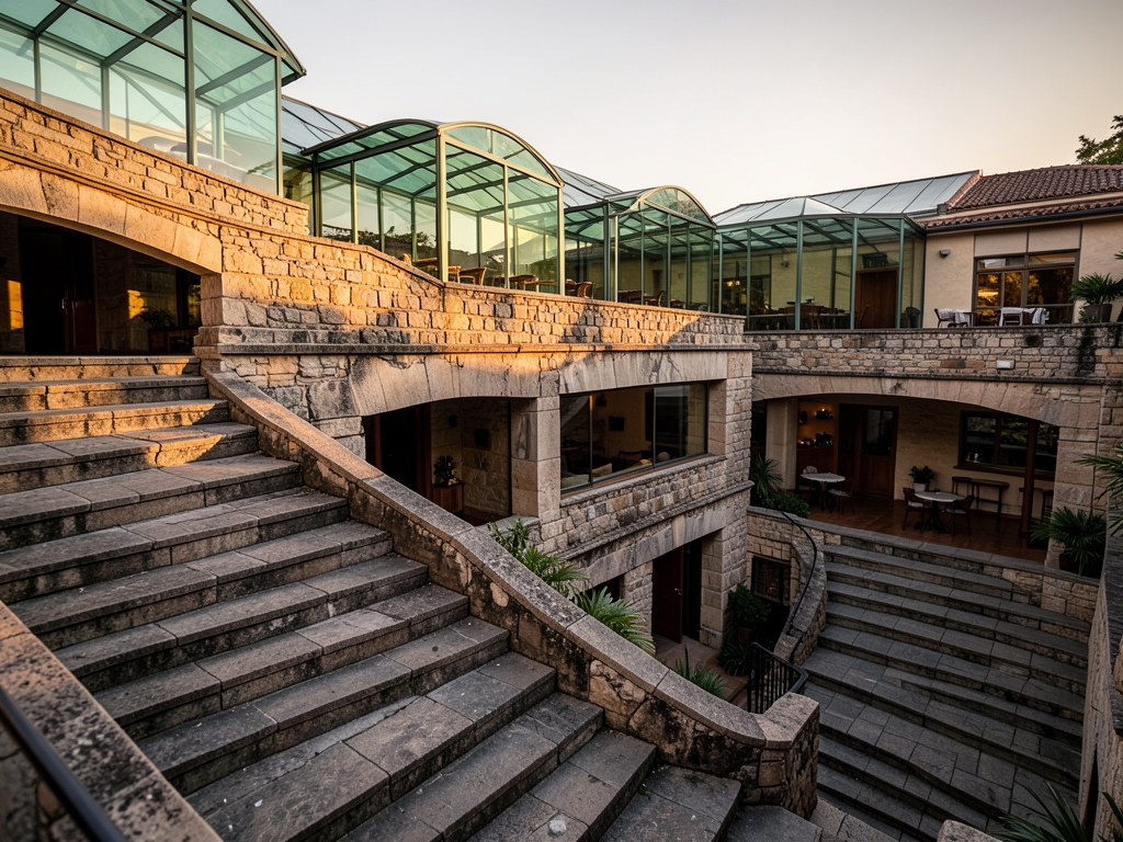 Tiered restaurant courtyards linked open stone stairways sheltered