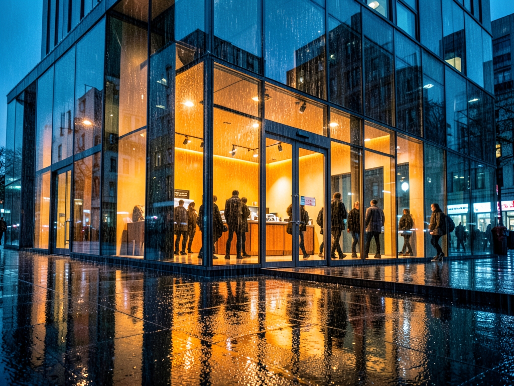 rain soaked evening outside large glass walled storefront warm amber