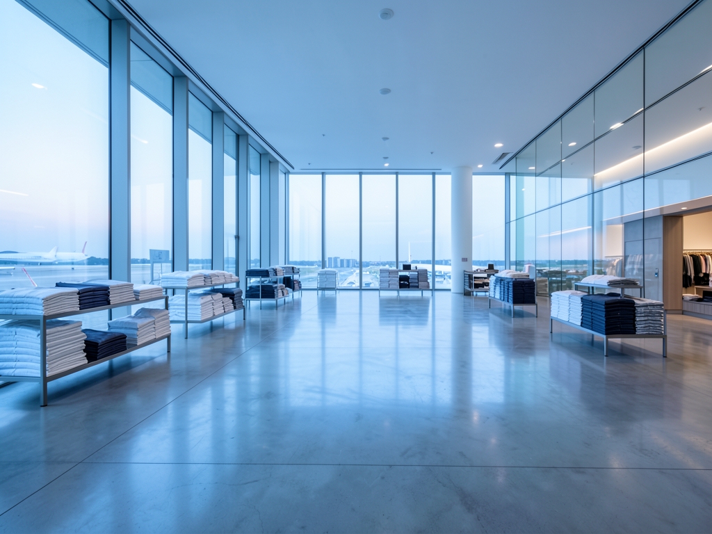 wide angle view sleek modern retail floor dawn pale