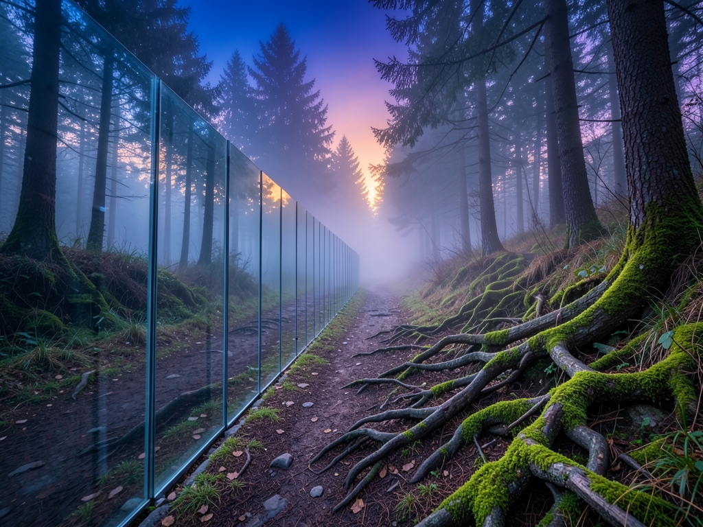 misty forest path splitting into directions lined with