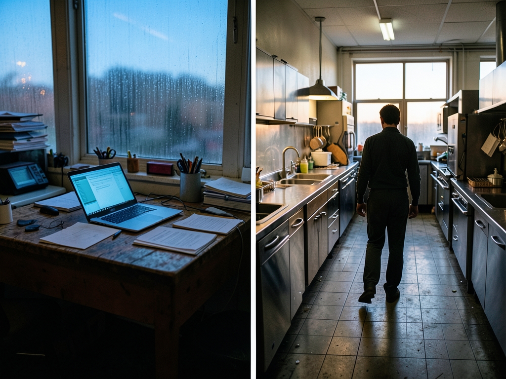 dimly home office dusk with glowing laptop casting