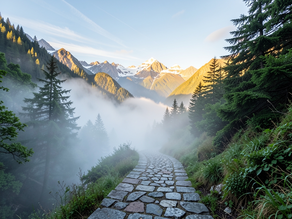 Misty mountain pass dawn with single stone path