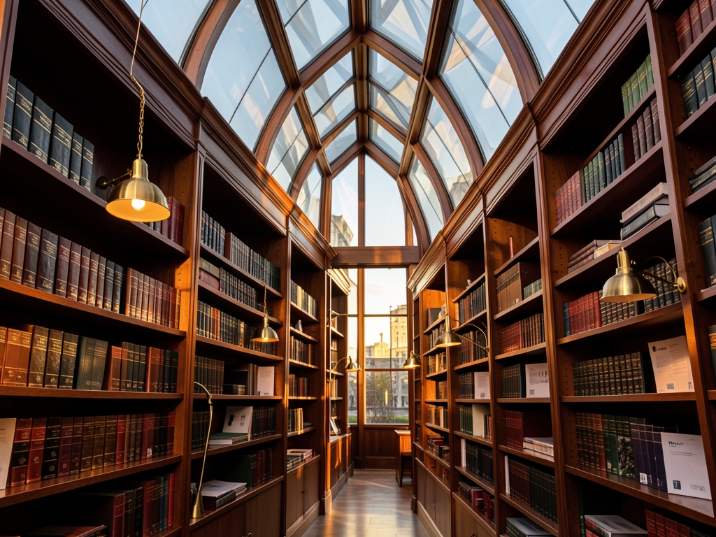 Glass walled finance library golden hour tall shelves brushed