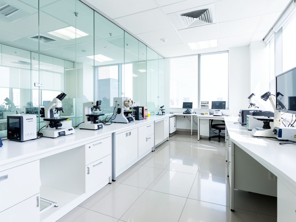 Modern research laboratory interior with white benches glass