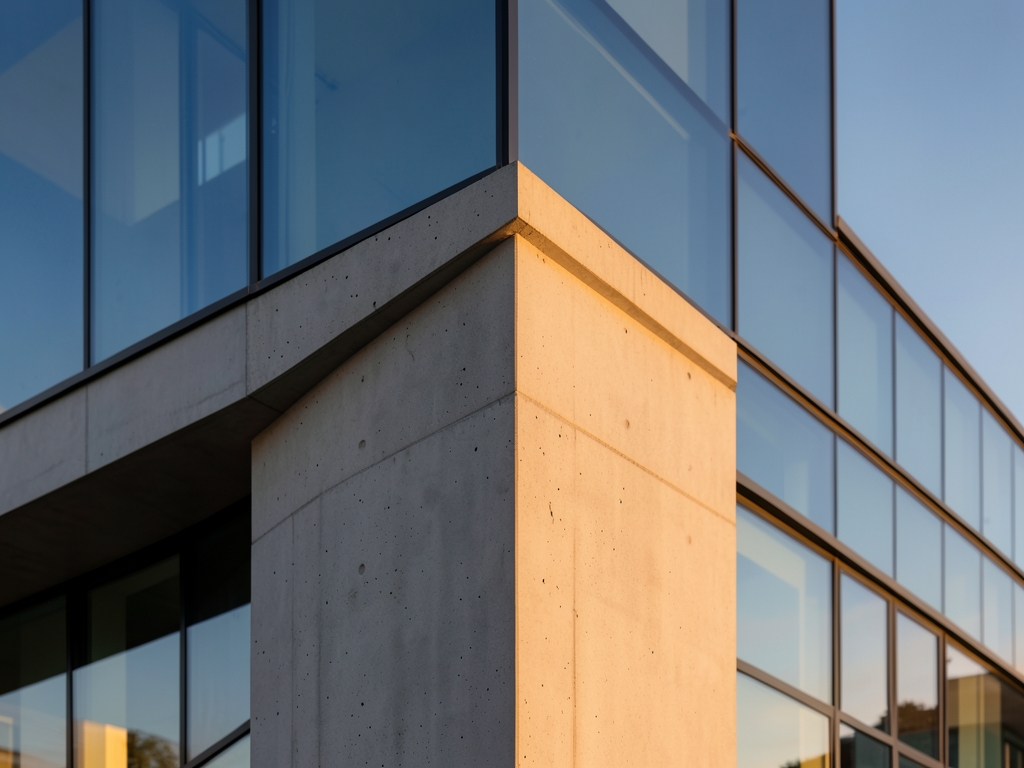 Contemporary concrete glass building corner detail golden hour