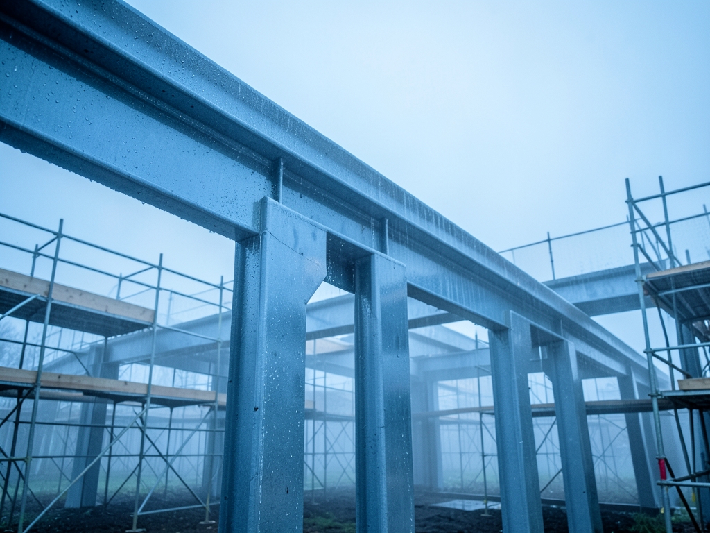 misty morning over half built modernist structure steel beams