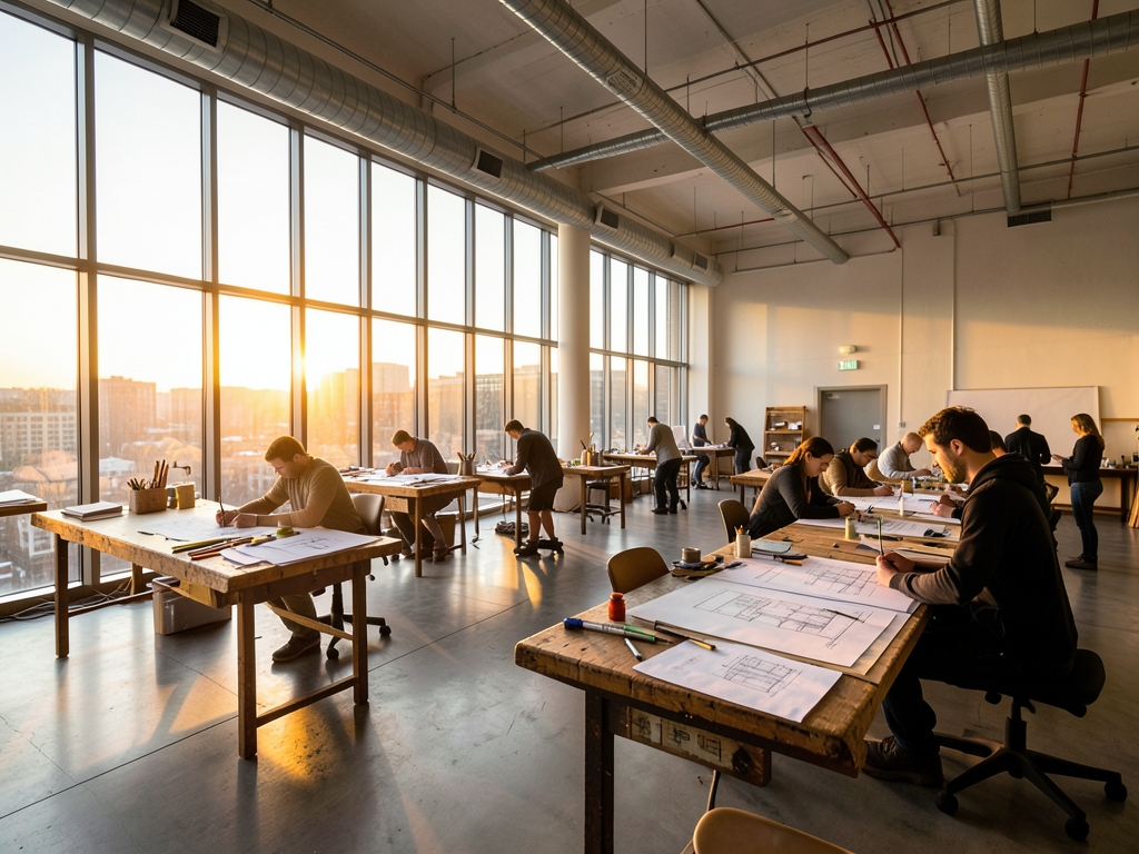 vast open plan architectural studio golden hour warm amber