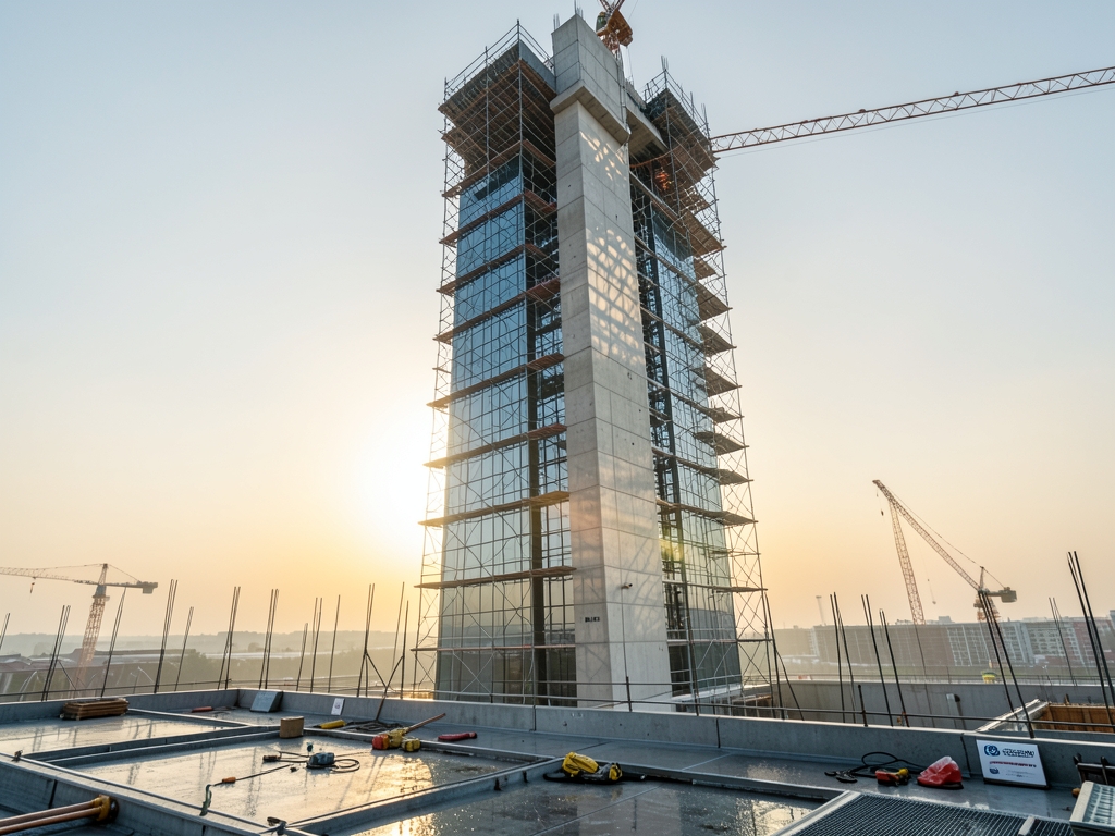 modern concrete and glass tower under construction dawn scaffolding casting