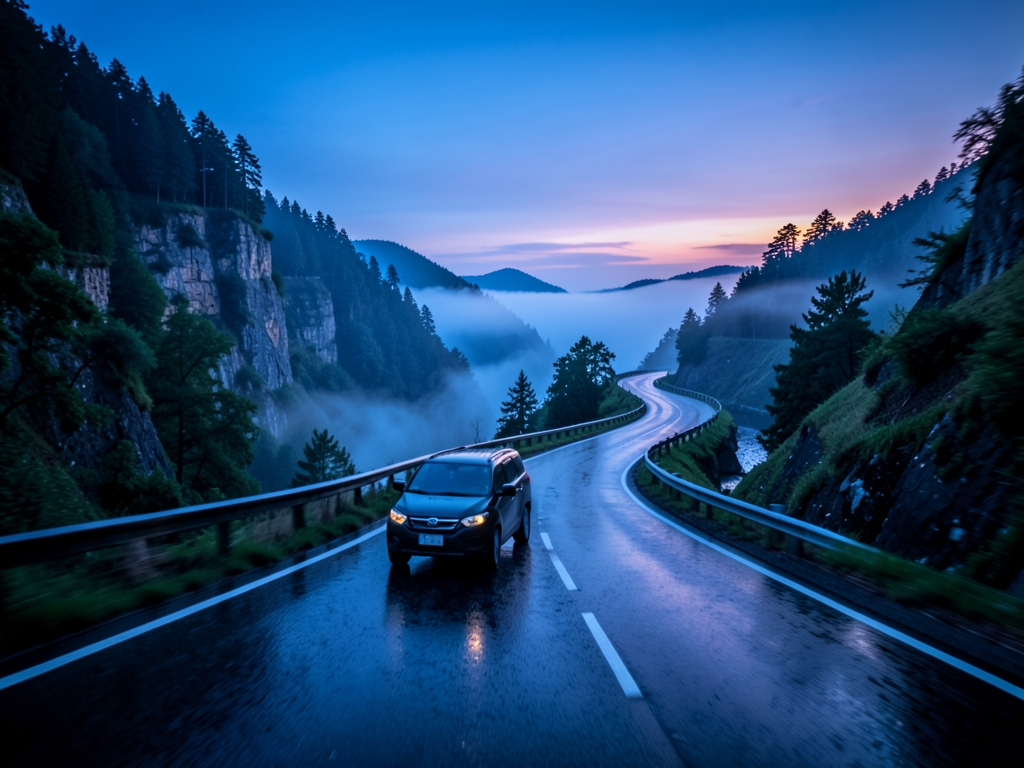 lone dark vehicle gliding along rain soaked serpentine mountain