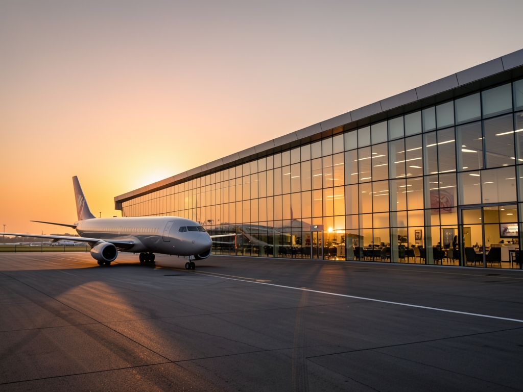 Sunrise over modern glass airport terminal with single