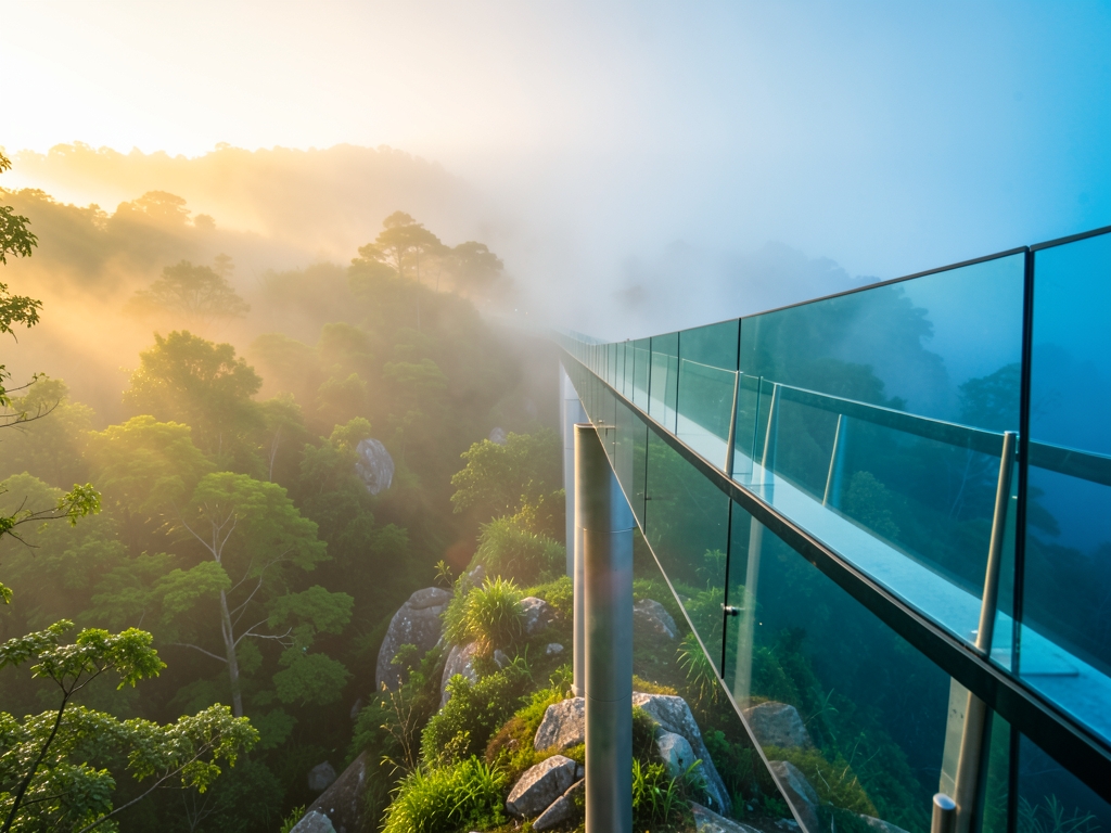 Line glass bridge spanning misty valley half bathed