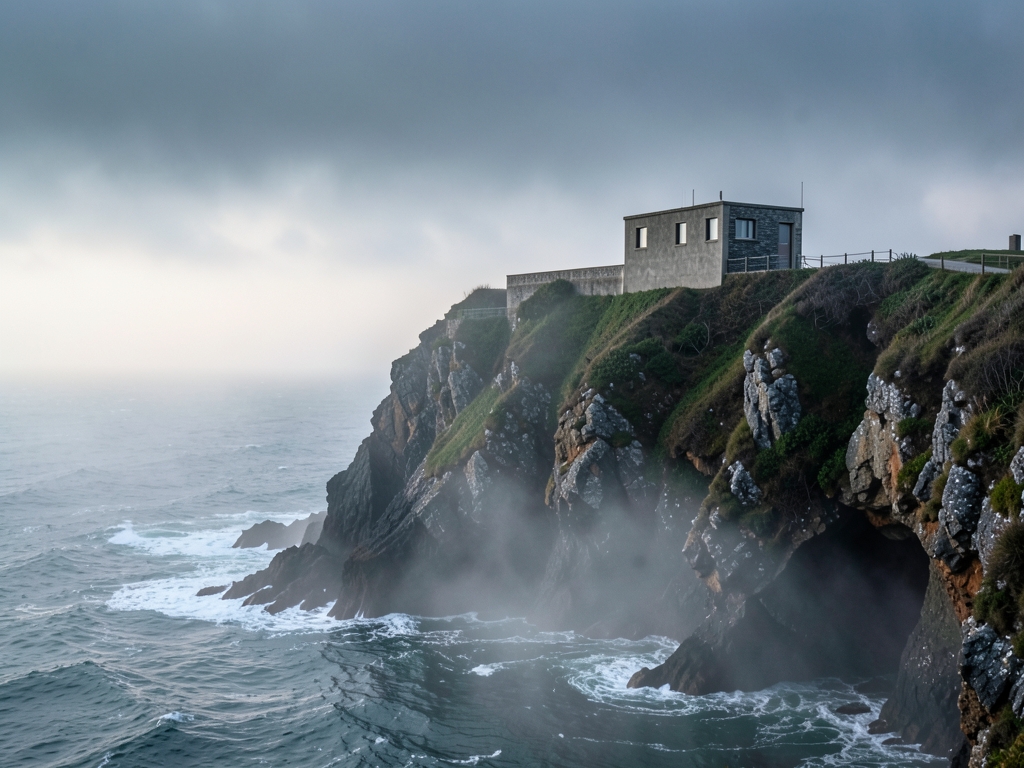 fog wreathed coastal cliff dawn holds low concrete and slate facility