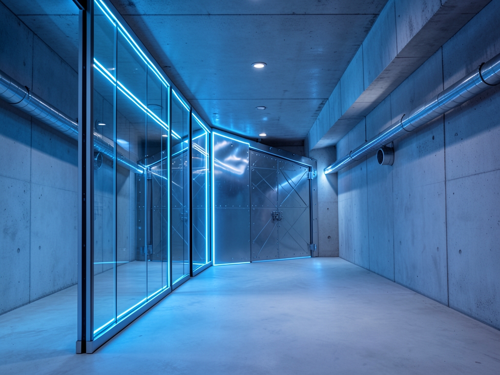 Reinforced glass corridors under cold blue light stretch