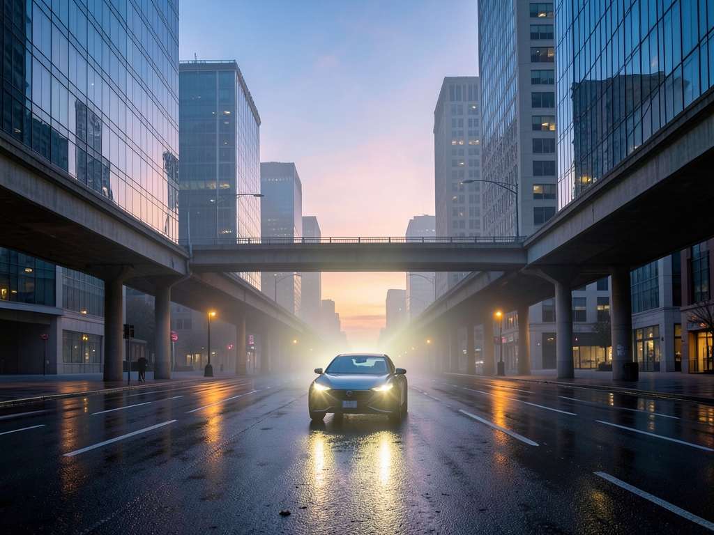 Quiet downtown avenue dawn with glass towers concrete