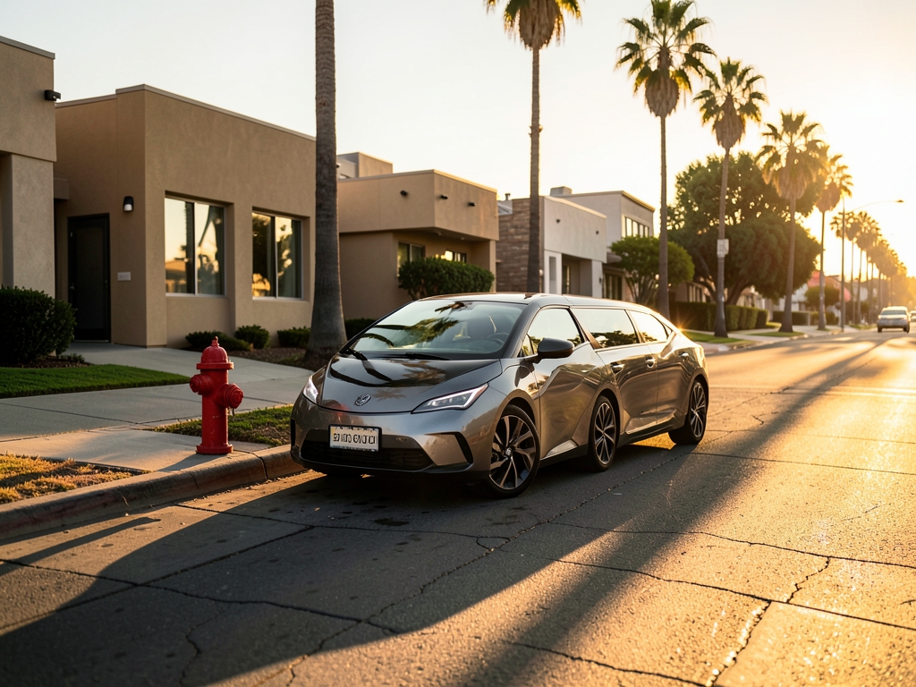 sunlit suburban street Angeles during golden hour robotaxi
