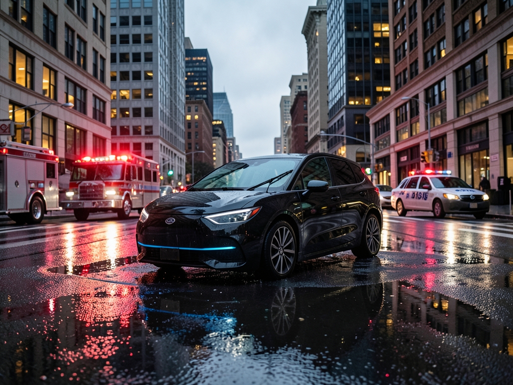 rainy downtown Francisco intersection dusk sleek autonomous vehicle