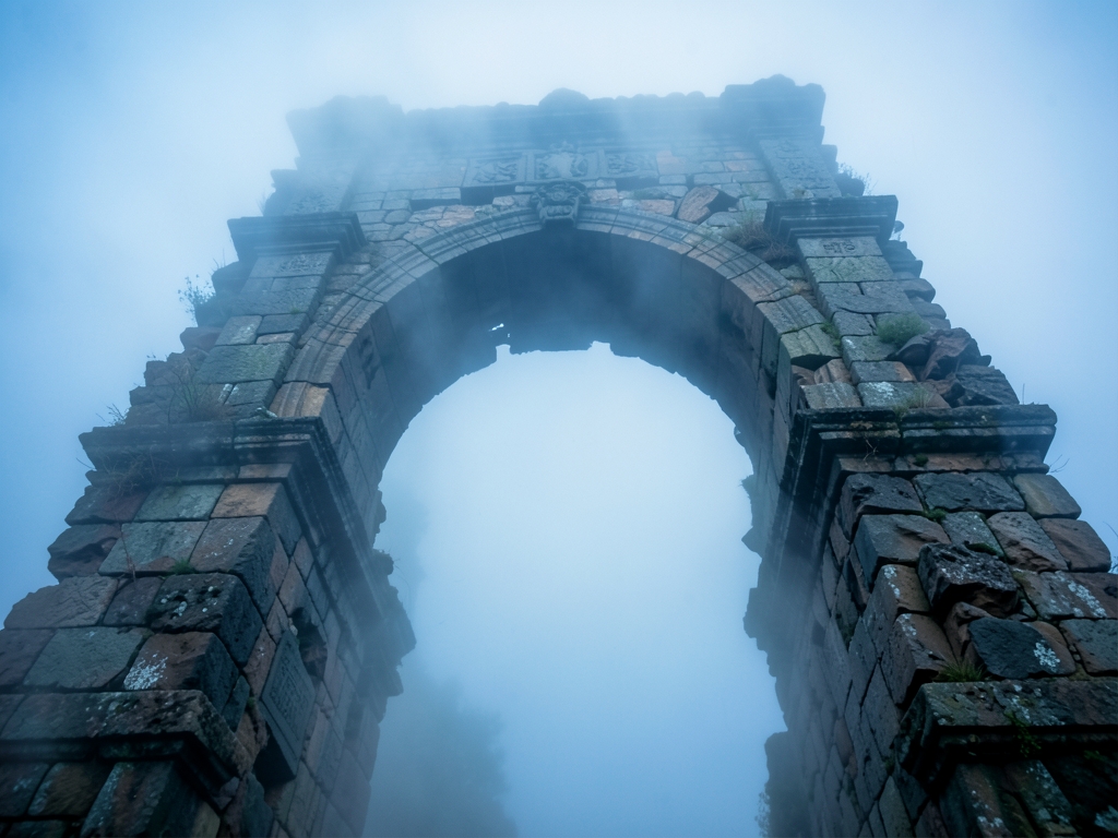 Crumbling stone archway shrouded heavy mist with fractured