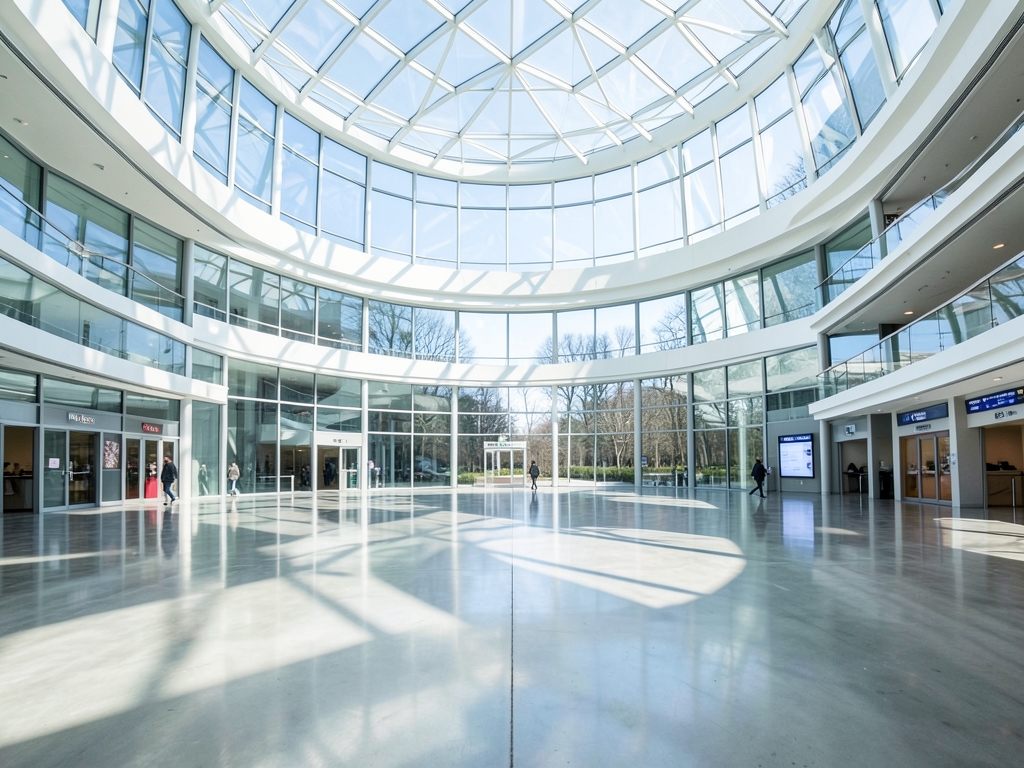 vast circular atrium with polished concrete floors floor to ceiling