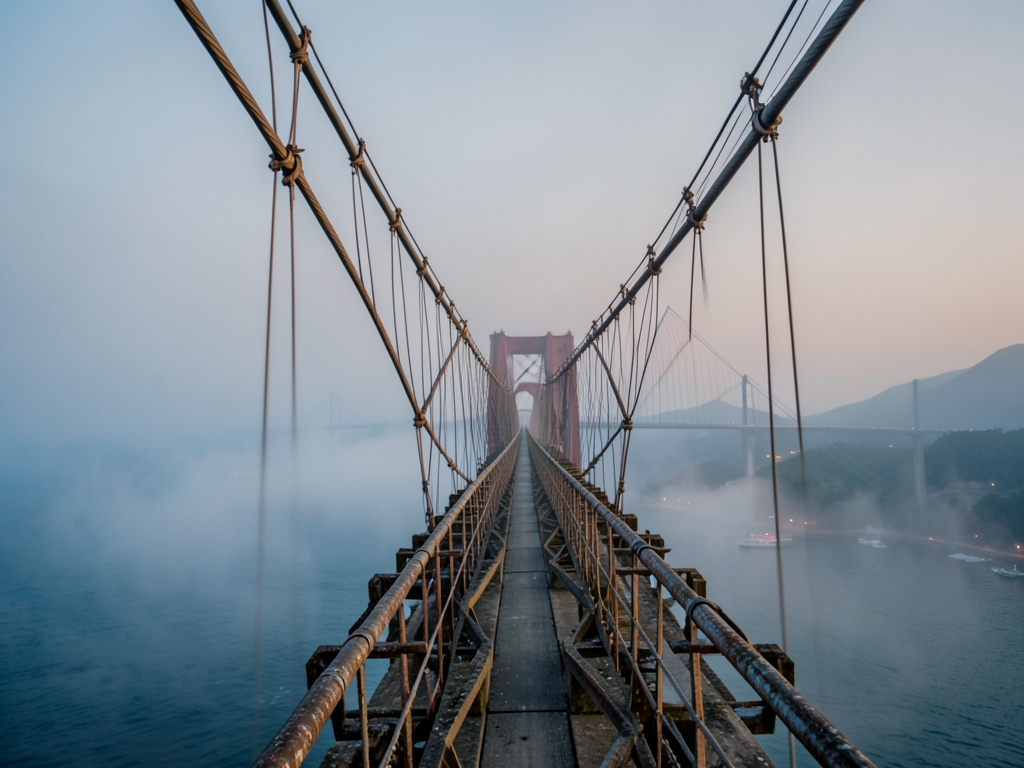 misty coastal bridge network stretching into soft dawn