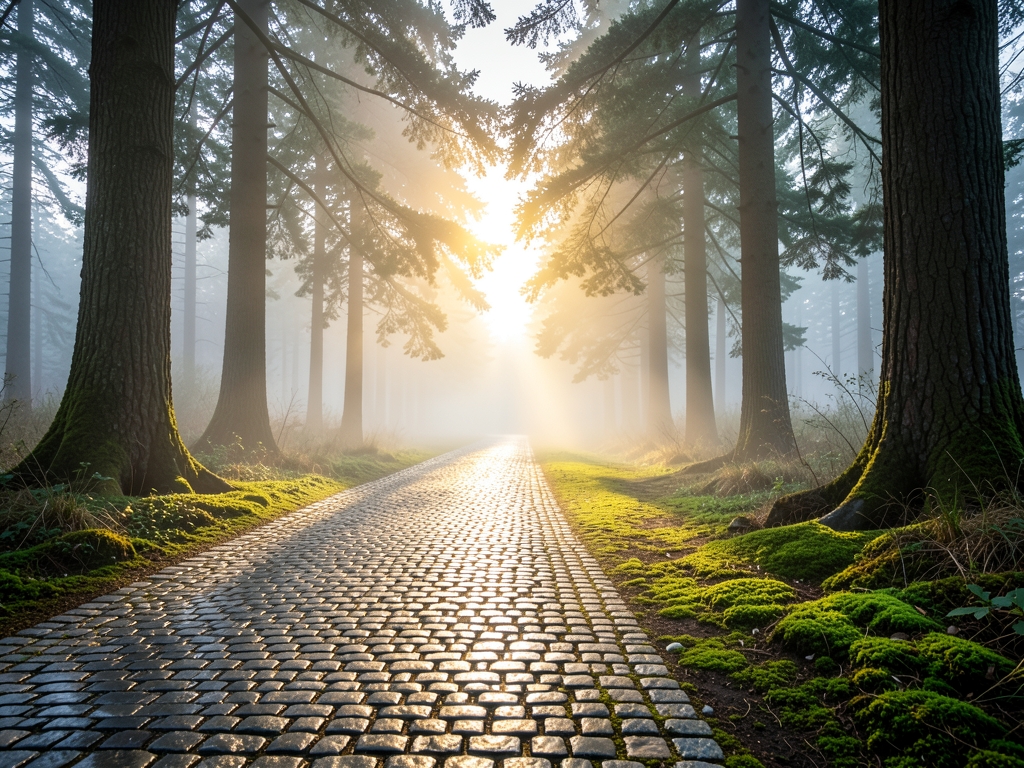 Misty forest path where distinct trails merge into