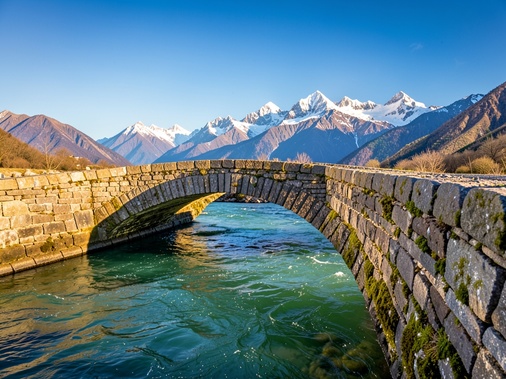Straight stone bridge crossing wide river toward distant