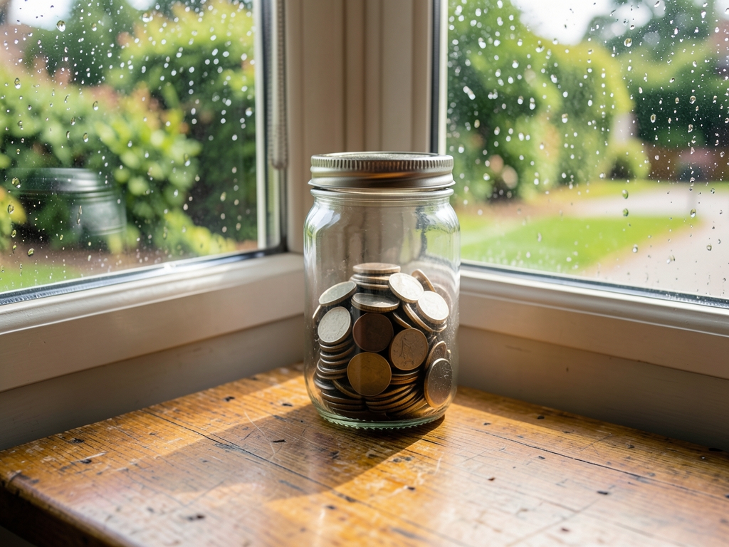 Cozy sunlit kitchen corner with glass coins worn