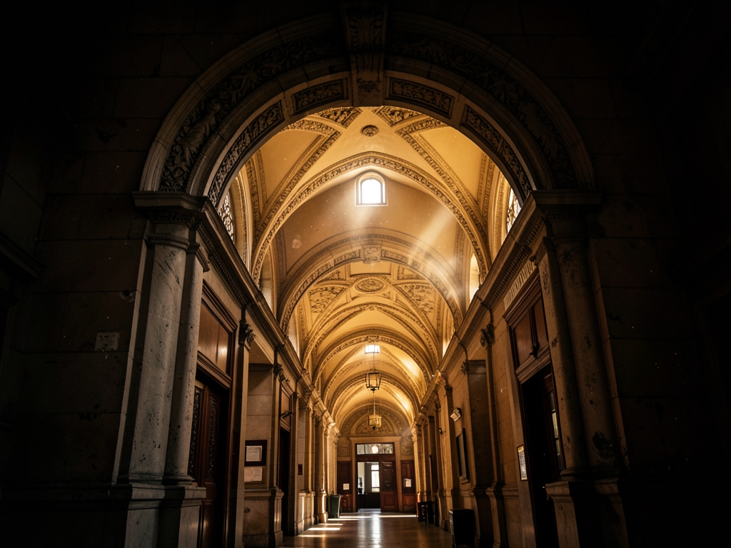 stone archway opening into vaulted bank corridor warm