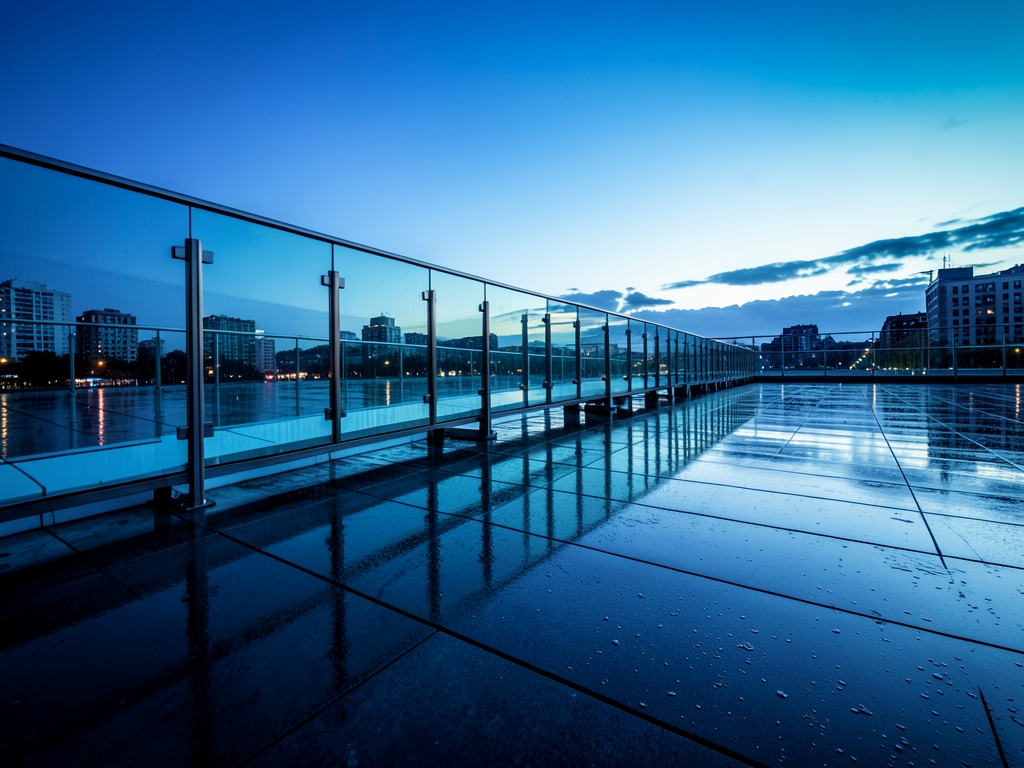 sleek glass bridge spanning rain slicked plaza dusk cool