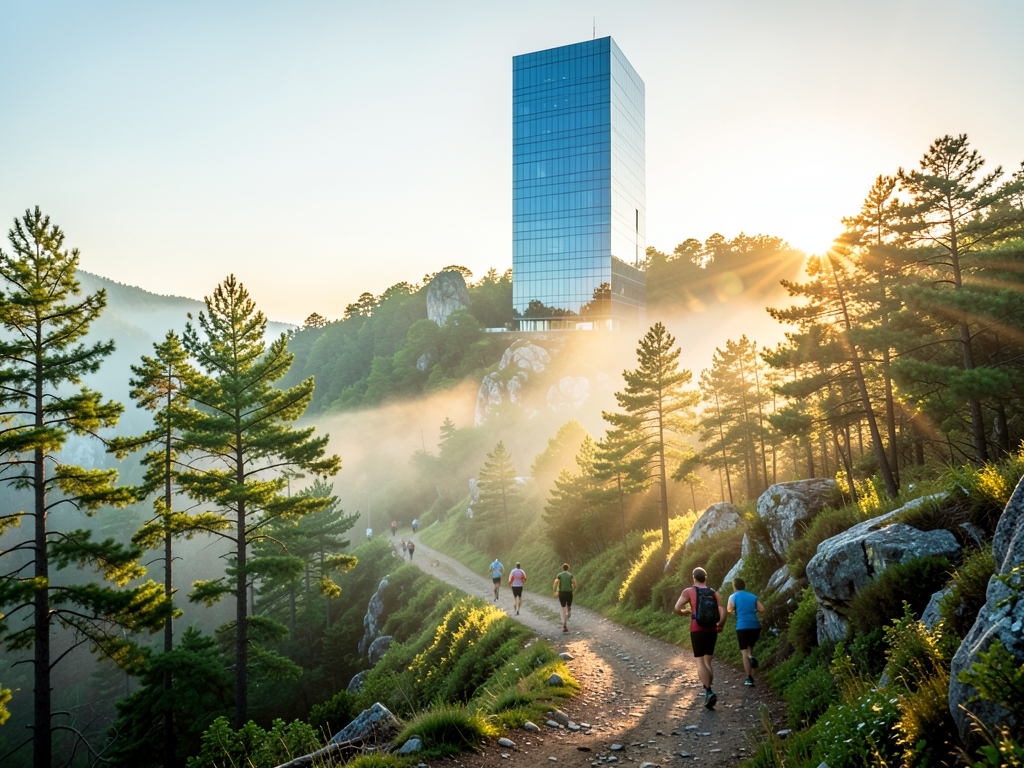 Sunlit glass tower green hill radiating warm morning