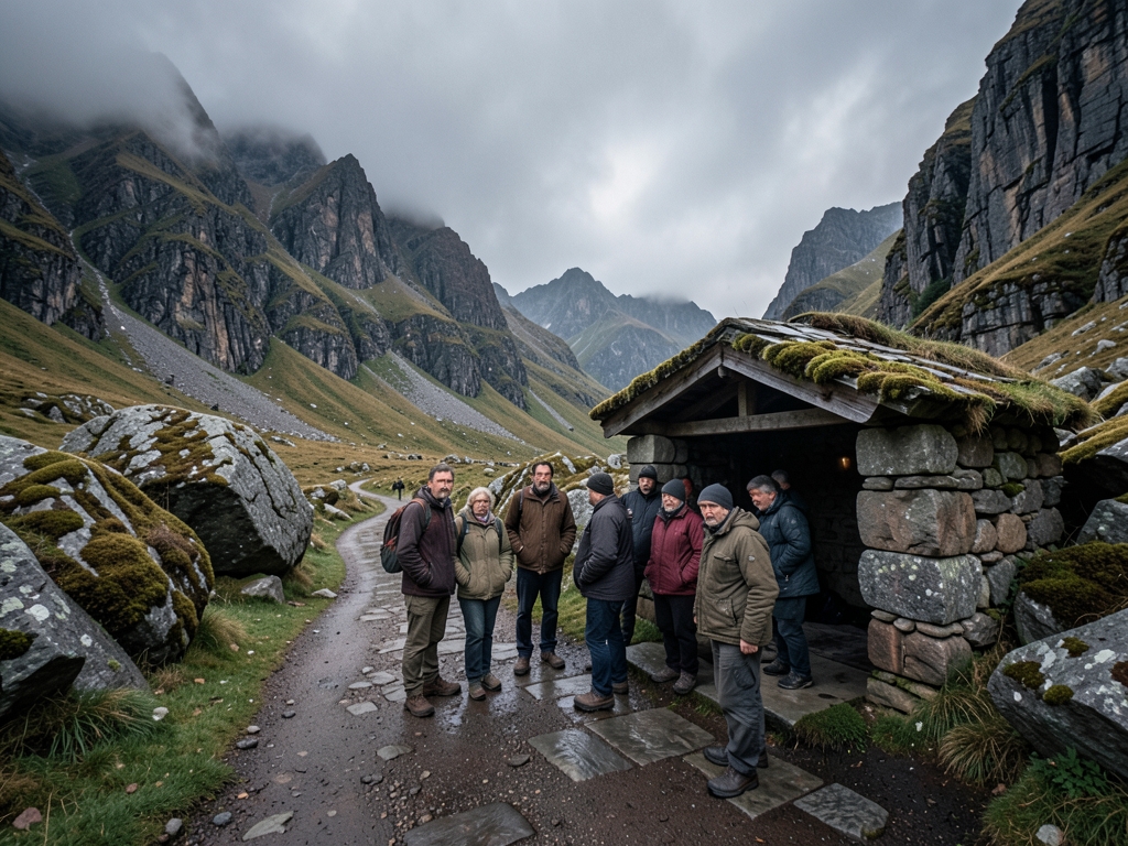 Overcast rocky mountain crossroads with many travelers waiting