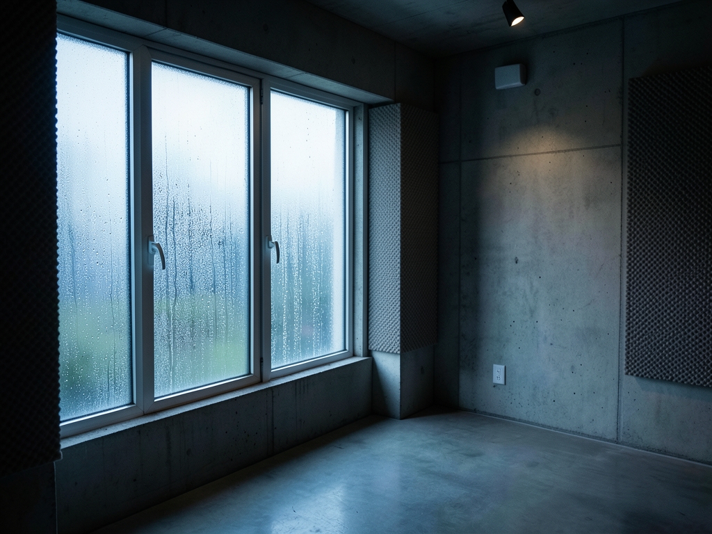 dimly concrete recording studio with soft diffused daylight