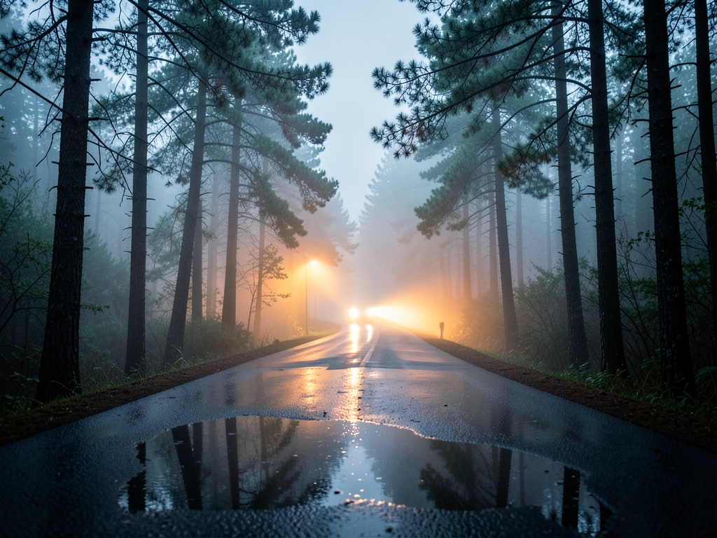 rain soaked asphalt road winding through misty pine forest