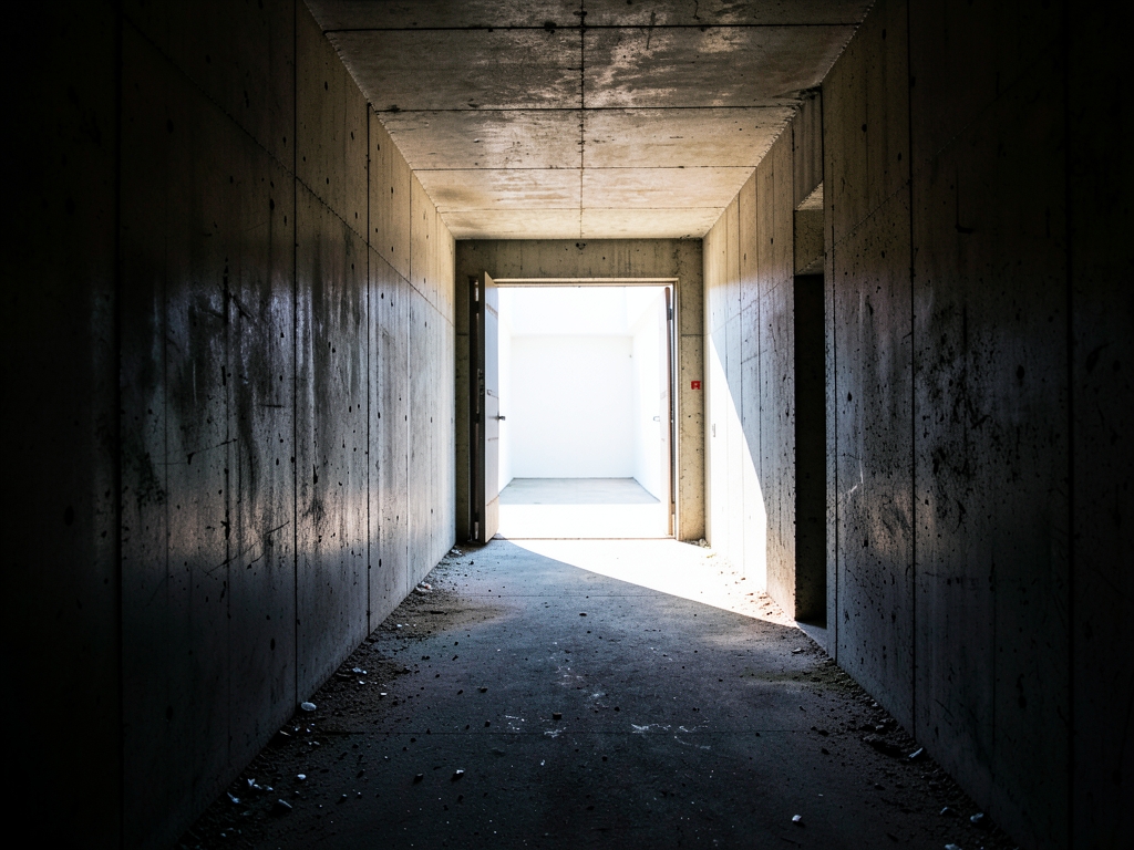 sunlit concrete corridor brutalist building harsh midday light
