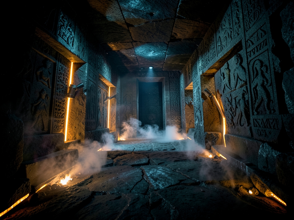 Massive underground vault carved from dark basalt with