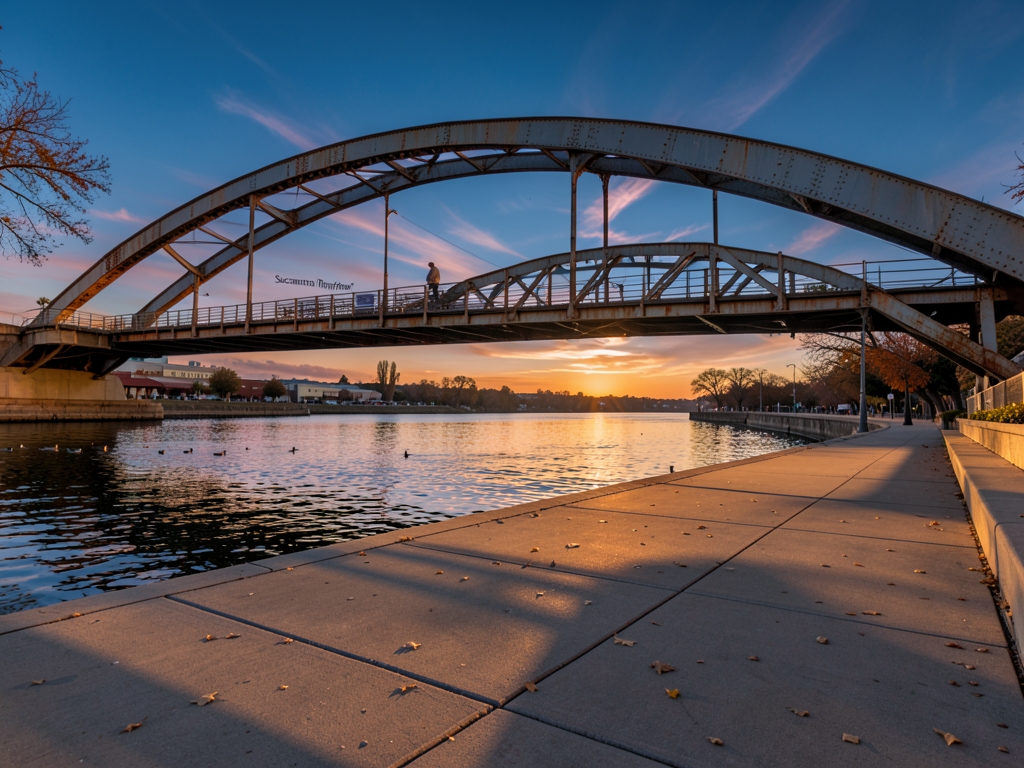 Golden hour Sacramento riverfront with arched pedestrian bridge warm