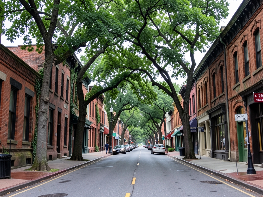 Overcast downtown Sacramento street lined with historic brick