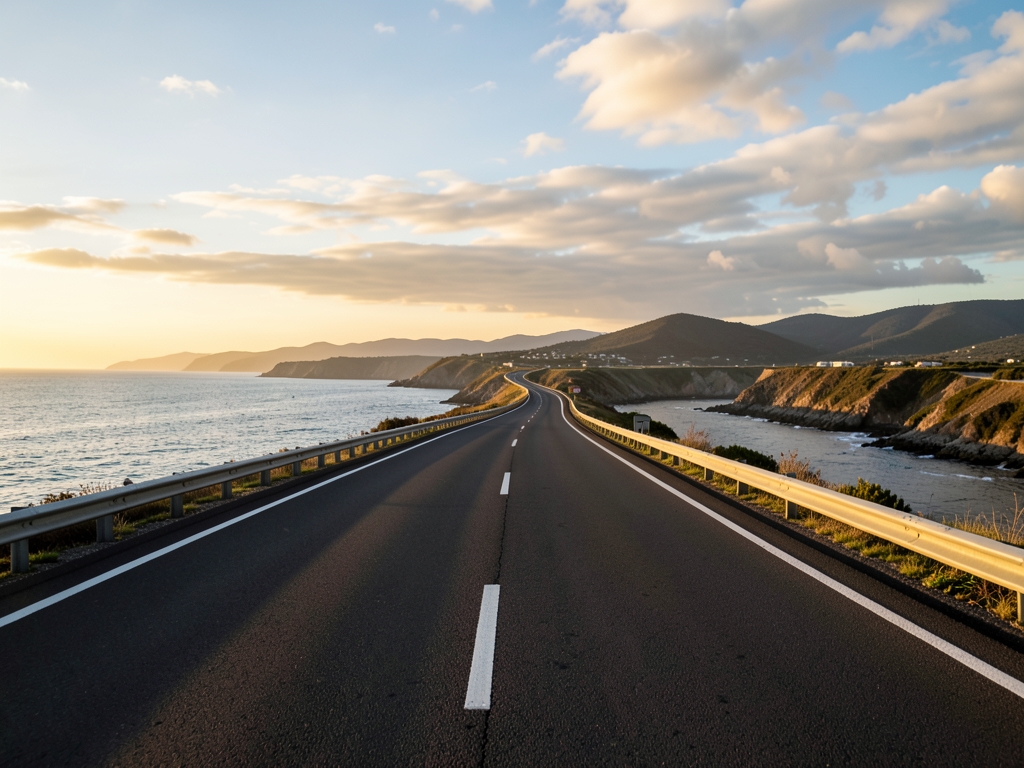 Empty coastal highway branching toward distant hills golden