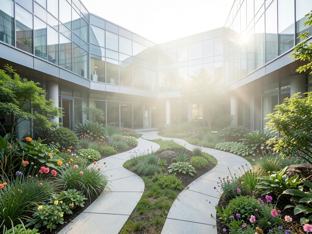 Sunlit modern courtyard with diverging stone pathways through