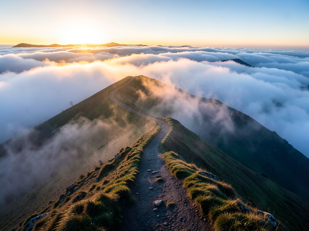 Misty highland fork with diverging trails above clouds
