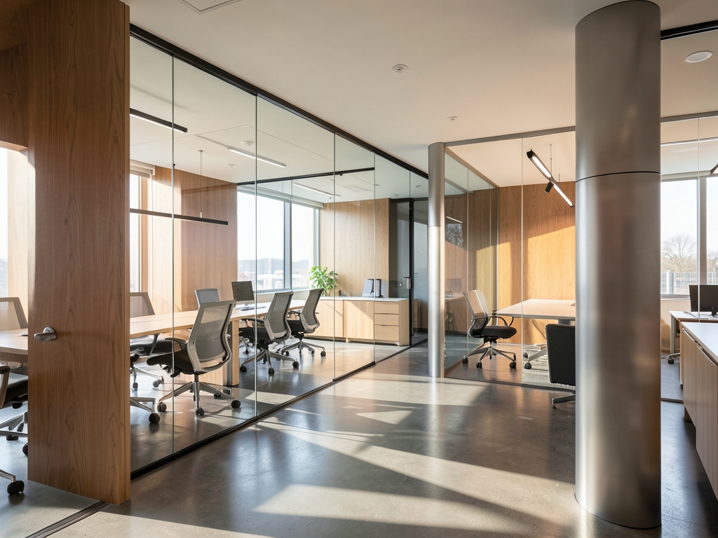 Sunlit modern office interior with glass meeting rooms