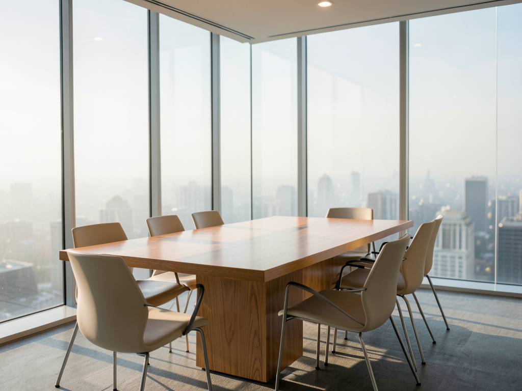 Sunlit minimalist boardroom with glass walls table surrounded