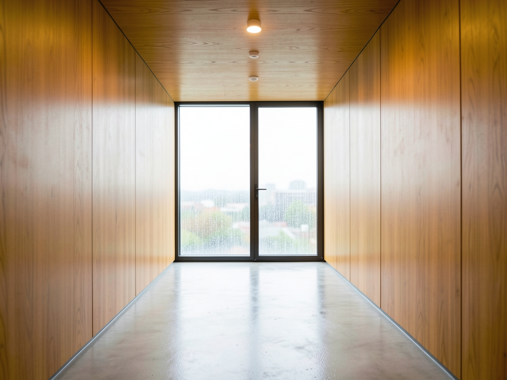 Quiet modern office corridor concrete warm wood leading