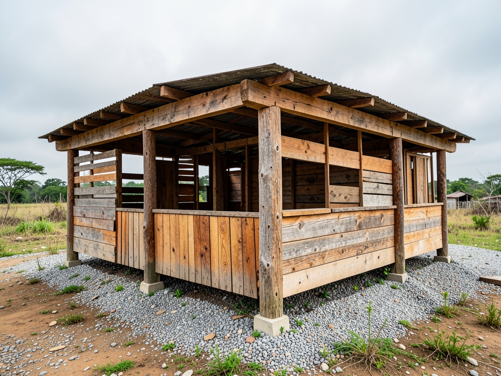 half constructed wooden community shelter under overcast sky soft