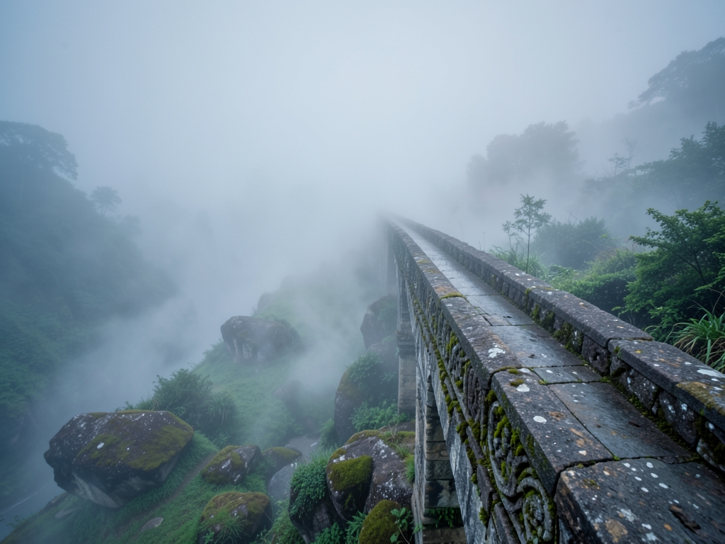 narrow stone bridge disappearing into thick morning over