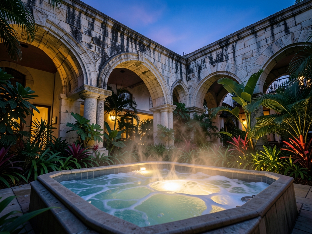 Twilight settles over historic stone arches downtown resort
