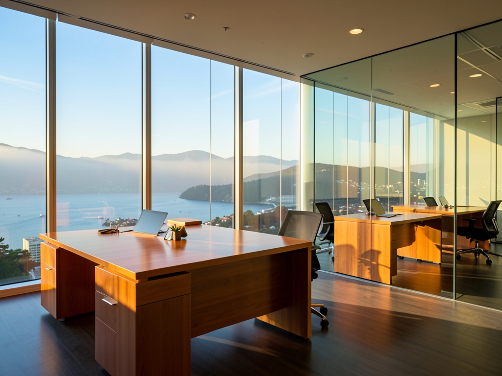 Sunlit modern office interior with wooden desks glass