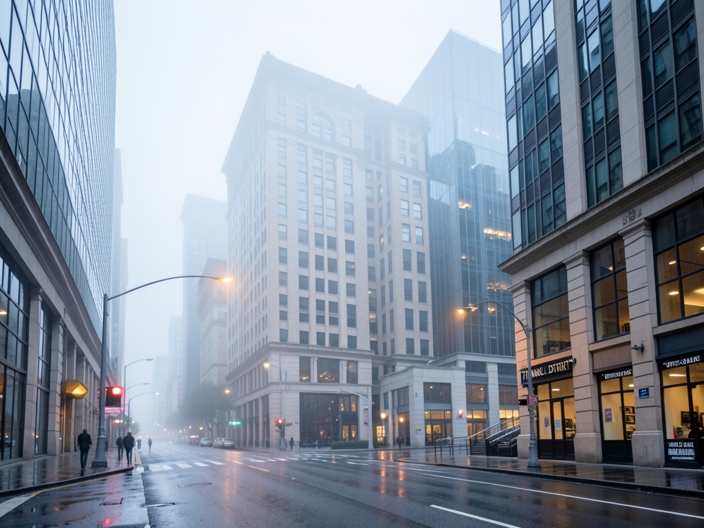 Foggy Francisco downtown street with tall glass stone