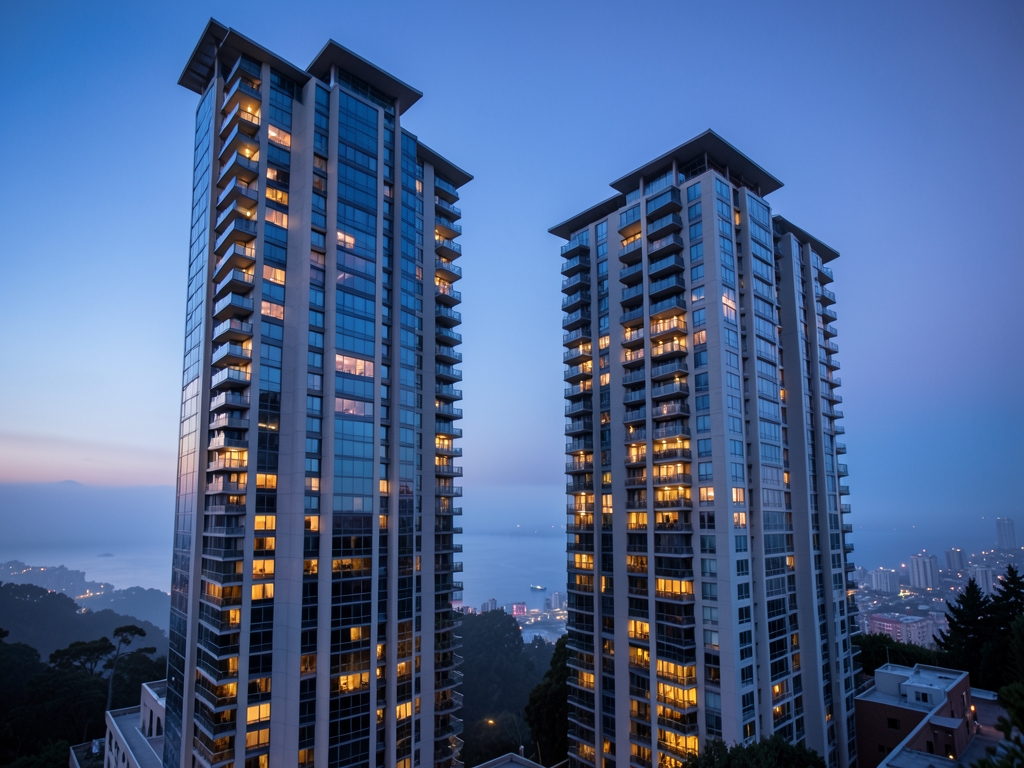 Sleek glass concrete luxury condo towers Francisco hillside